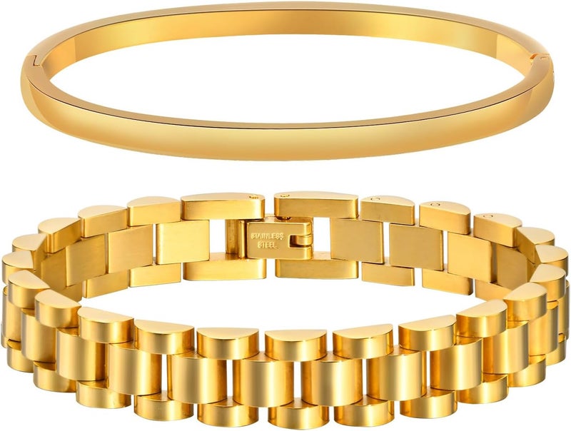 MPRAINBOW 2pcs 18K Gold Plated Chain Link Bracelet, Stainless Steel Crystal Friendship Bracelets Bangle,Watch Band Chains Wristband Jewelry with Adjust Tool - Image 1